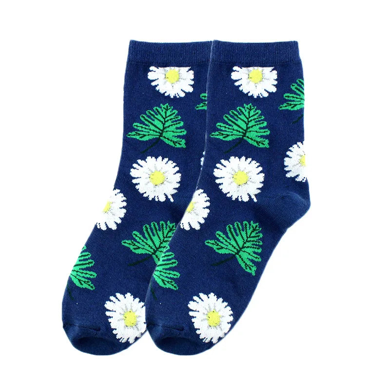 Women's Pastoral Leaves Flower Cotton Crew Socks A Pair