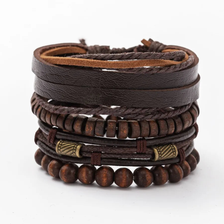 Hip-Hop Retro Geometric Pu Leather Alloy Wooden beads Braid Men's Bracelets