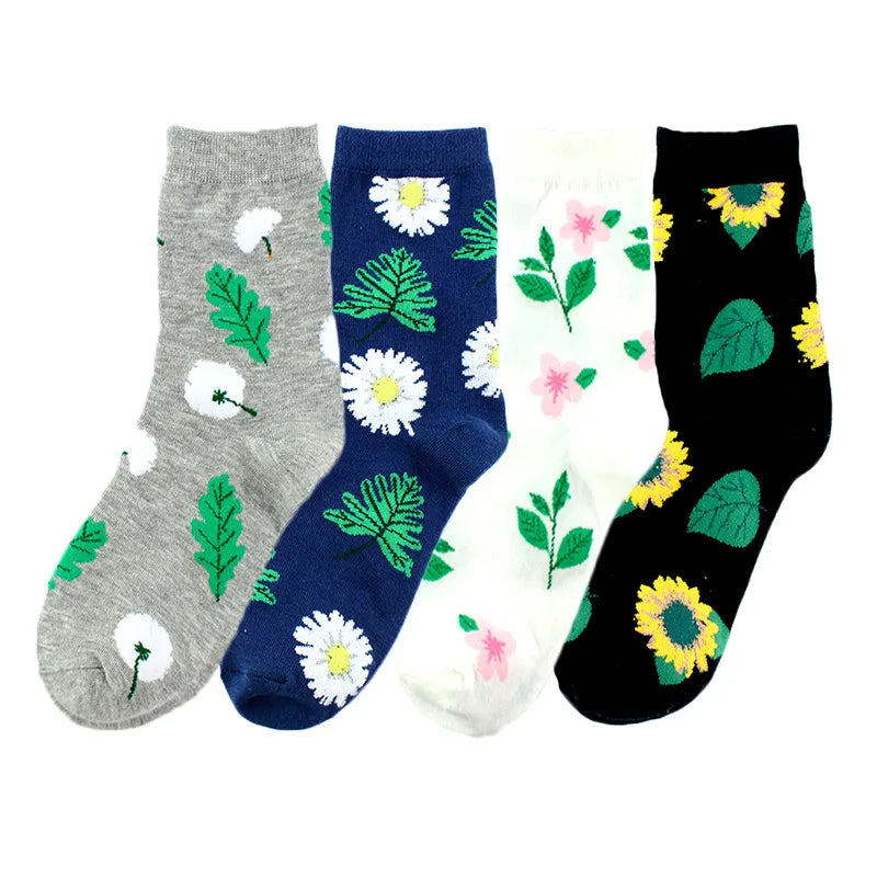 Women's Pastoral Leaves Flower Cotton Crew Socks A Pair