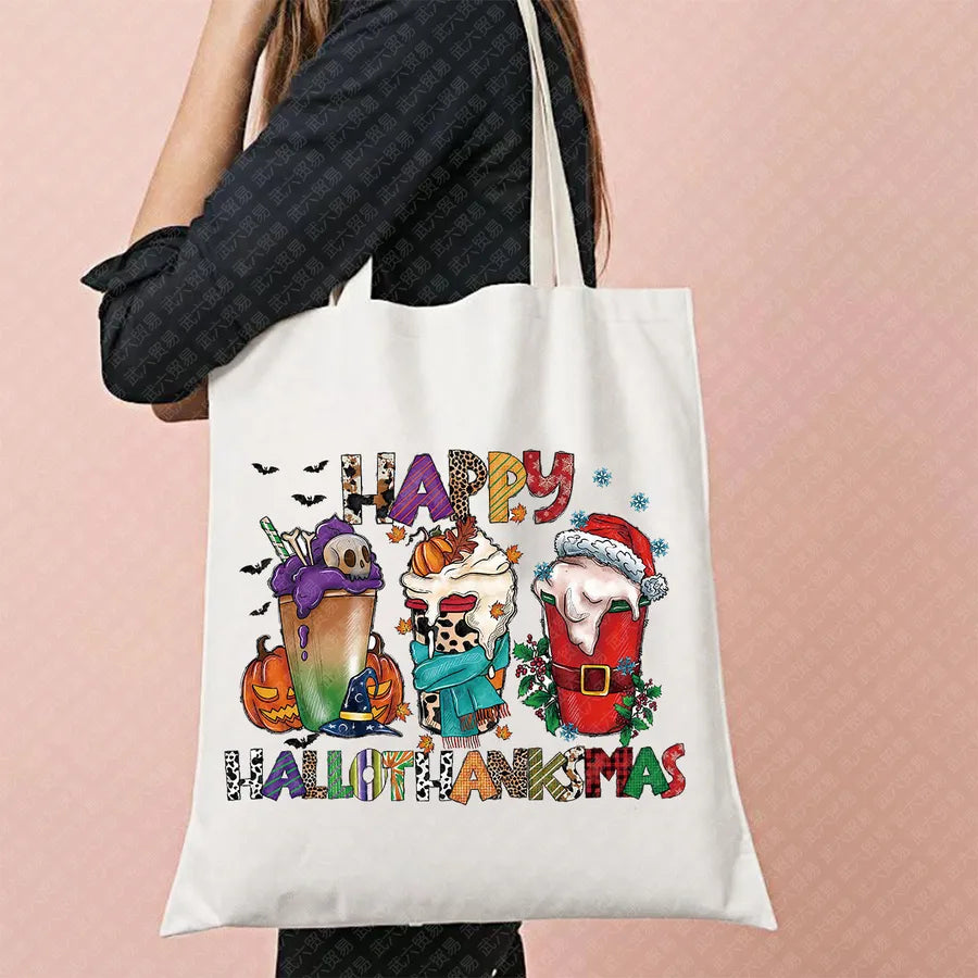 Scary Cat Halloween Pumpkin Pattern Canvas Tote Bag Reusable Shopping Bag Large Square Shape Double Shoulder Strap Tote Bag