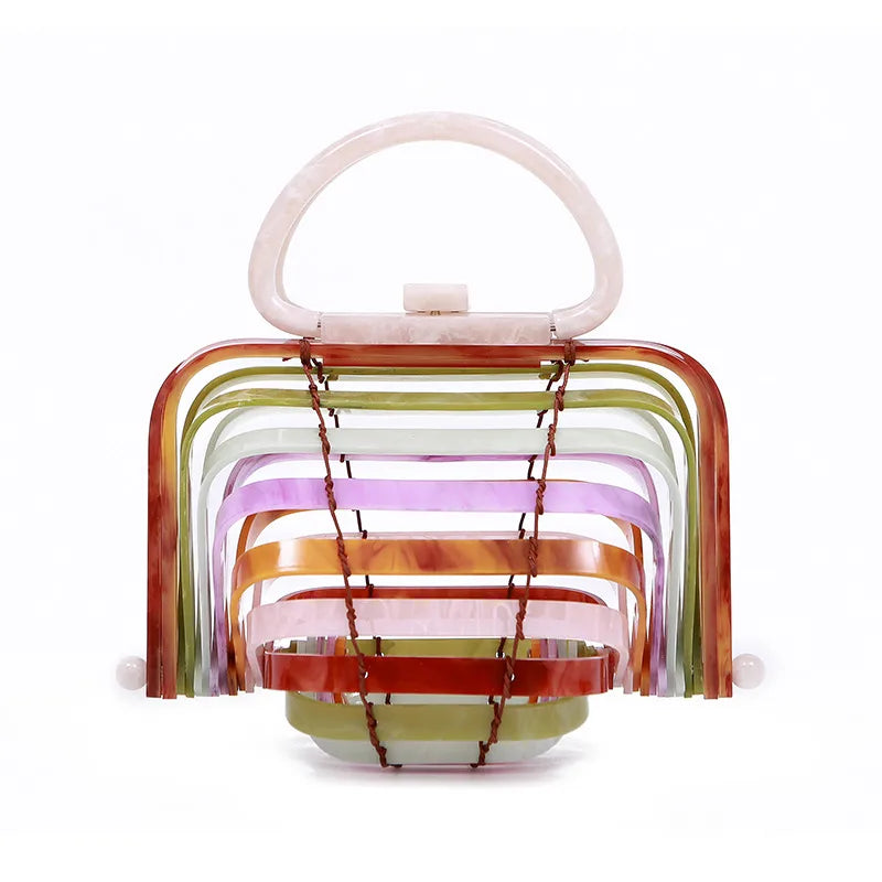 Women's Arylic Rainbow Vacation Beach Hollow Shell Lock clasp Handbag