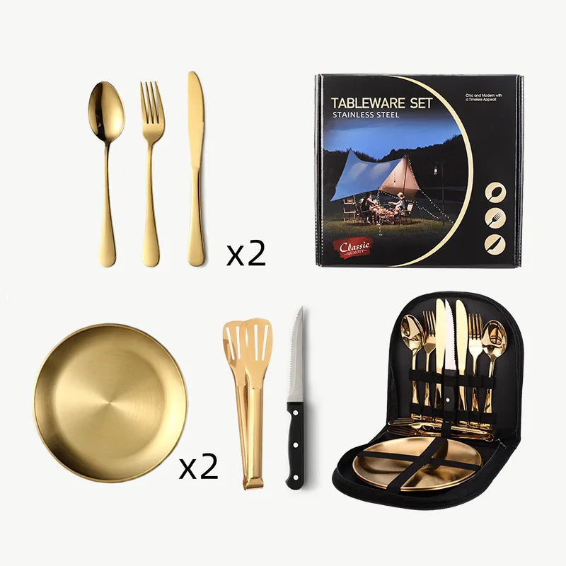 Outdoor travel stainless steel tableware camping picnic barbecue plate clip steak knife, fork and spoon suit portable storage bag