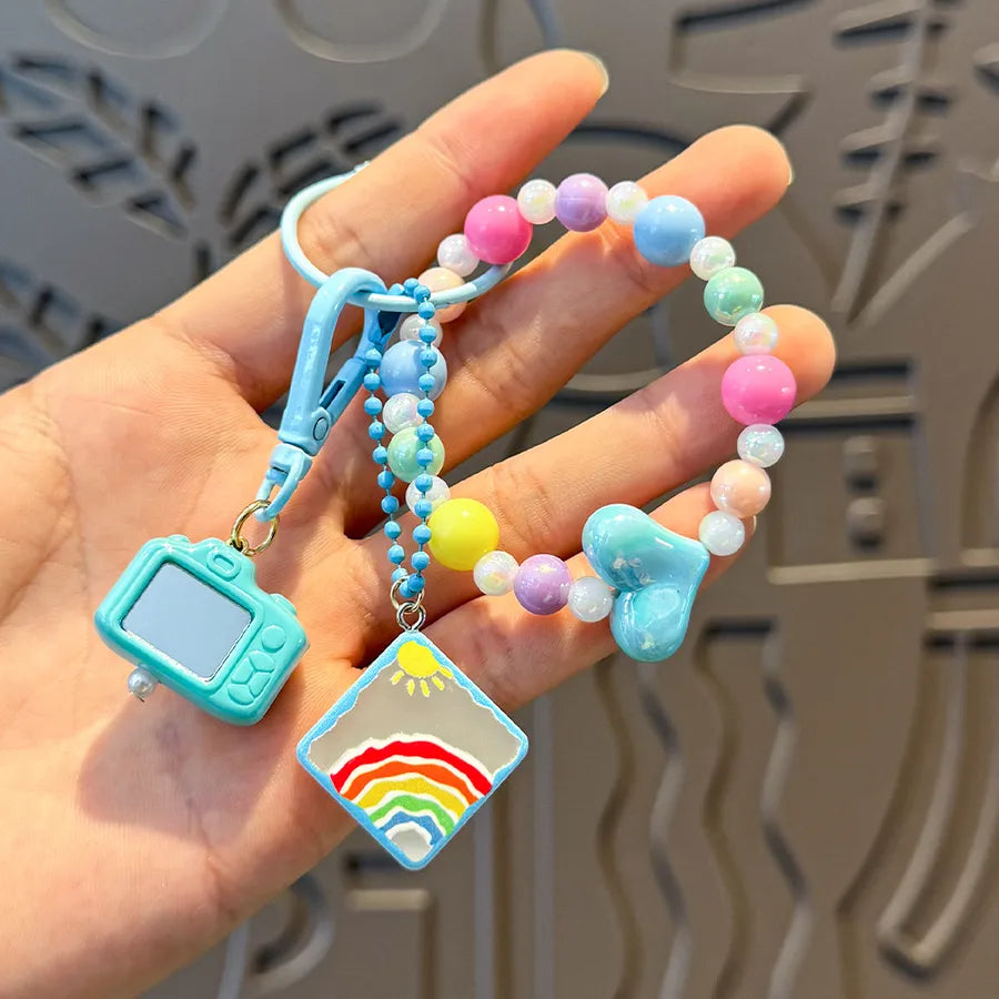Cute Metal Keychain Pendant Beaded Bookbag Girl's Bag Charm  Style Cartoon Design Half Handmade Flower