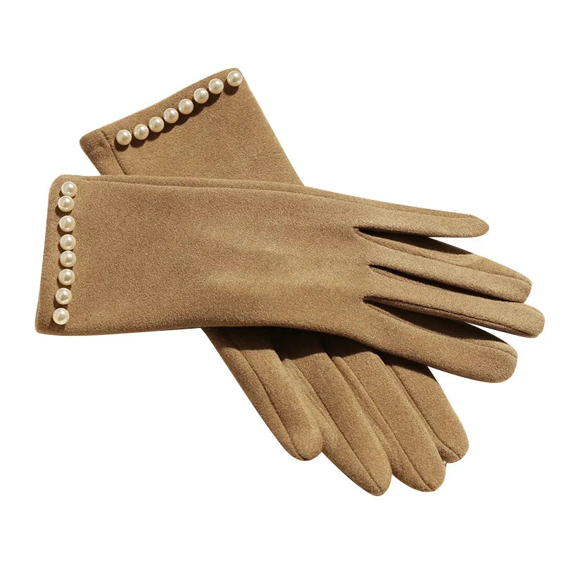Women's Winter Fleece Lined Touchscreen Gloves Pearl Design Cycling Driving Warm New Style Cold Resistance Handwear