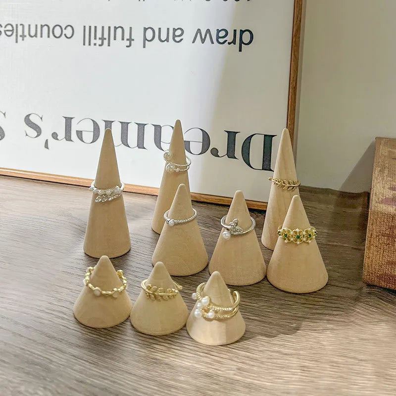 Retro Wooden Ring Display Stand Cone Shape Jewelry Creative Showcase Simple Style Nordic Craft Accessory Photo Prop
