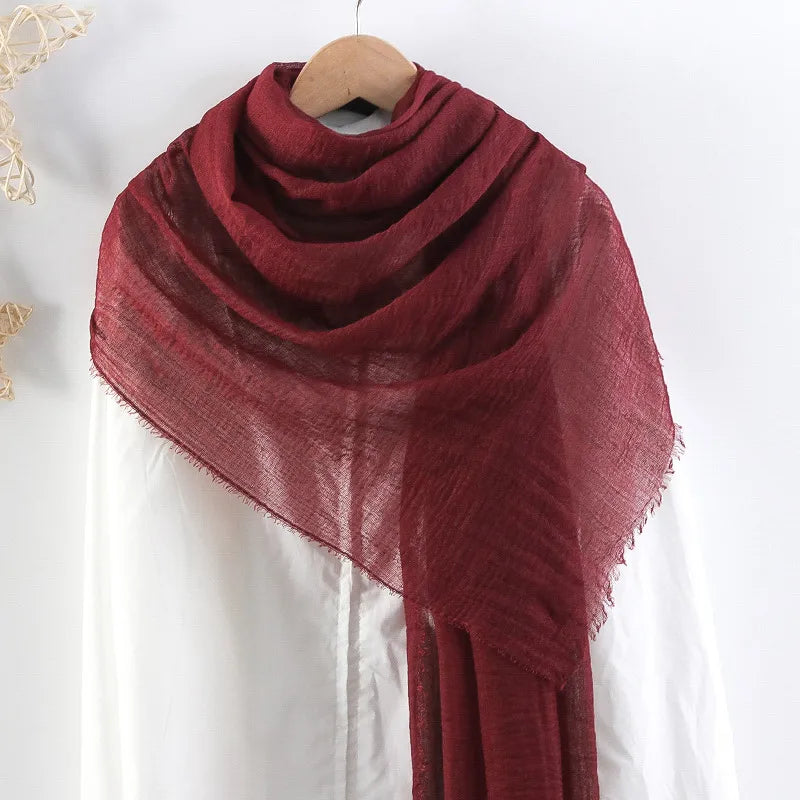Hot selling solid color pleated cotton and linen scarf  women's bag headscarf crumpled hair fringe bubble scarf women's scarf cover head