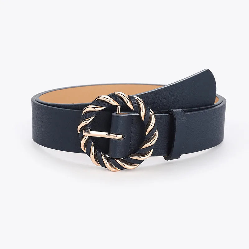 retro round solid color pu leather alloy women's leather belts