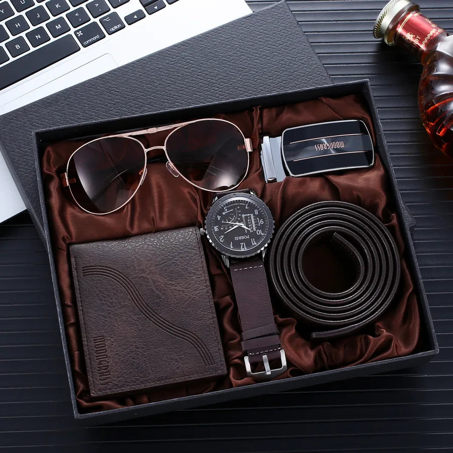 Solid Color Buckle Quartz Men's Watches Gift Set
