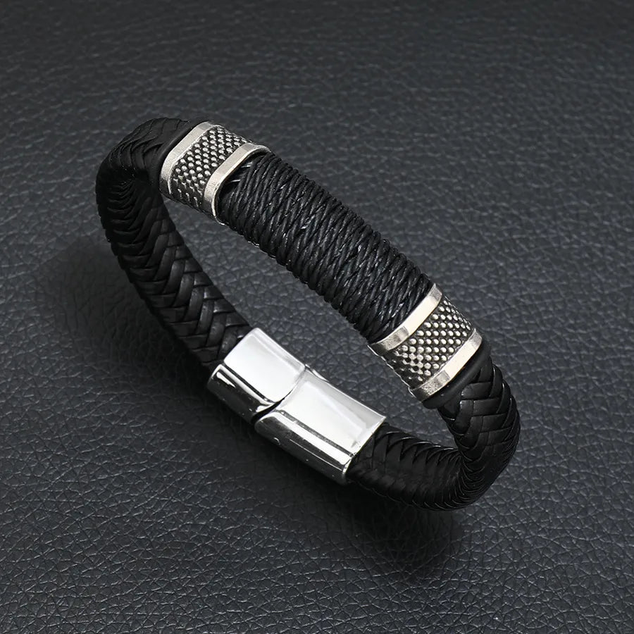 Retro Solid Color Pu Leather Alloy Men's Bracelets Men Cord & Leather Bracelets