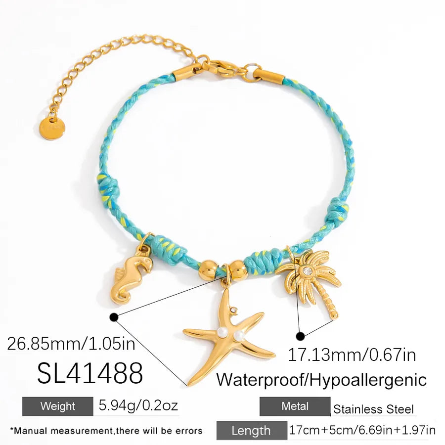 Elegant Business Coconut Tree Starfish Shell 304 Stainless Steel 18K Gold Plated Cord String Bracelets In Bulk