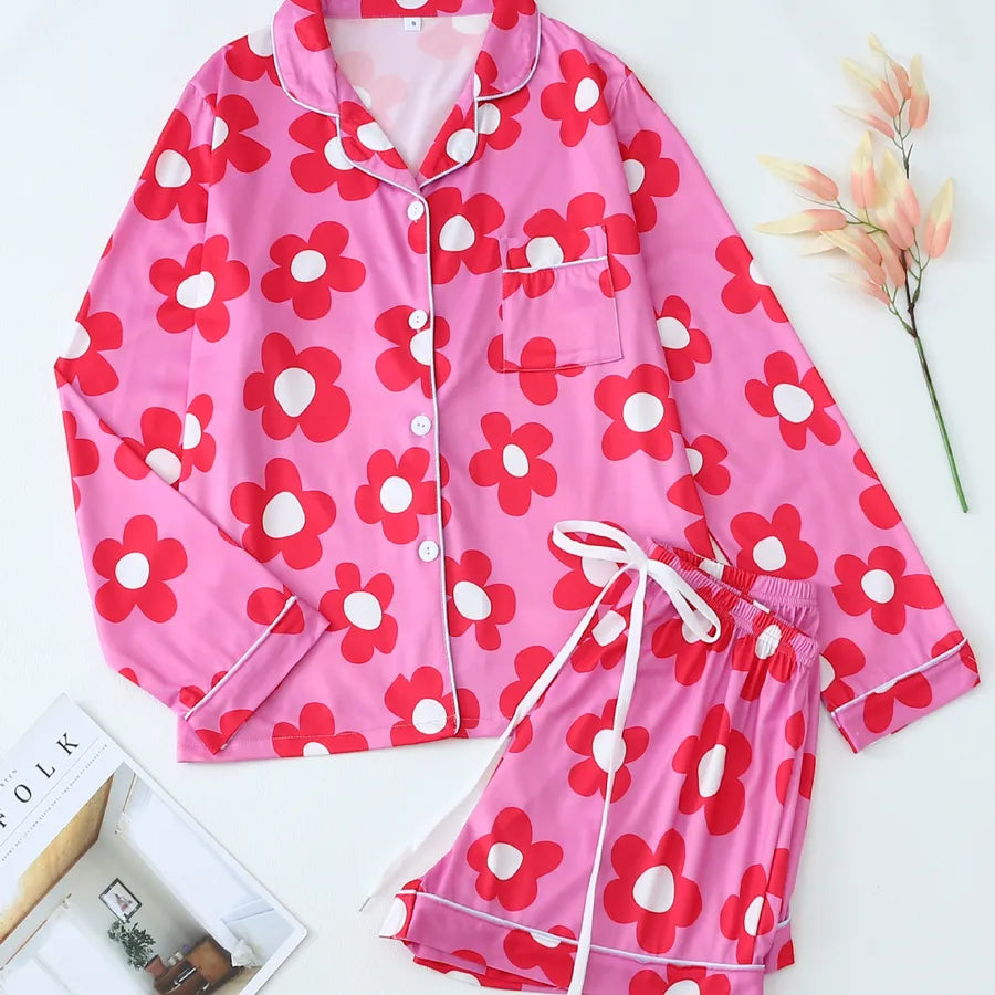 Home Women's Vacation Simple Style Flower Polyester Milk Fiber Shorts Sets Pajama Sets