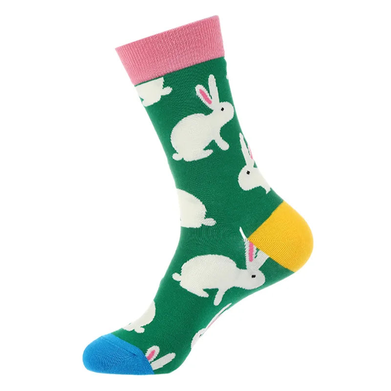 Men's Cute Streetwear Rabbit Smile Face Cotton Jacquard Crew Socks 10 Pairs Per Pack