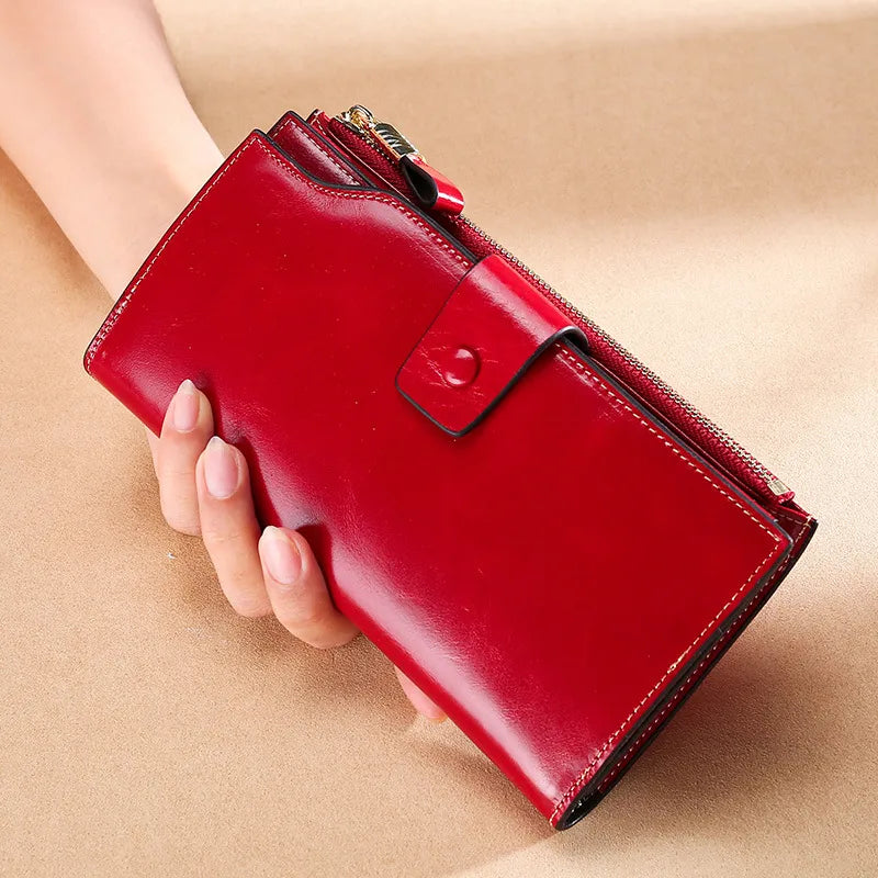 Genuine Leather Long Women's Wallet rfid Anti-theft Brush Multi-card Wallet Vintage Oil Wax Leather Girl's Clutch