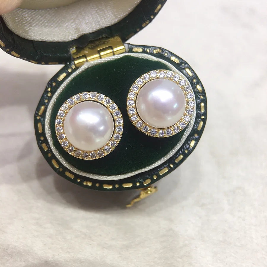 Zhuji natural freshwater pearl earrings female micro-inlaid zircon high-grade simple round pearl earrings net red wholesale
