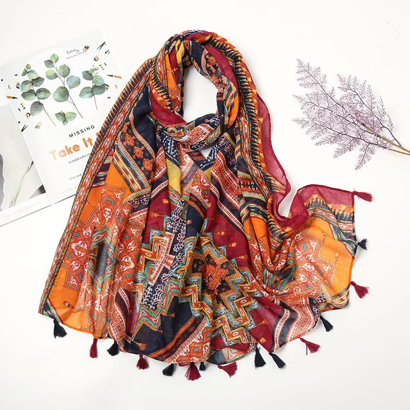 women's retro color block polyester printing scarf