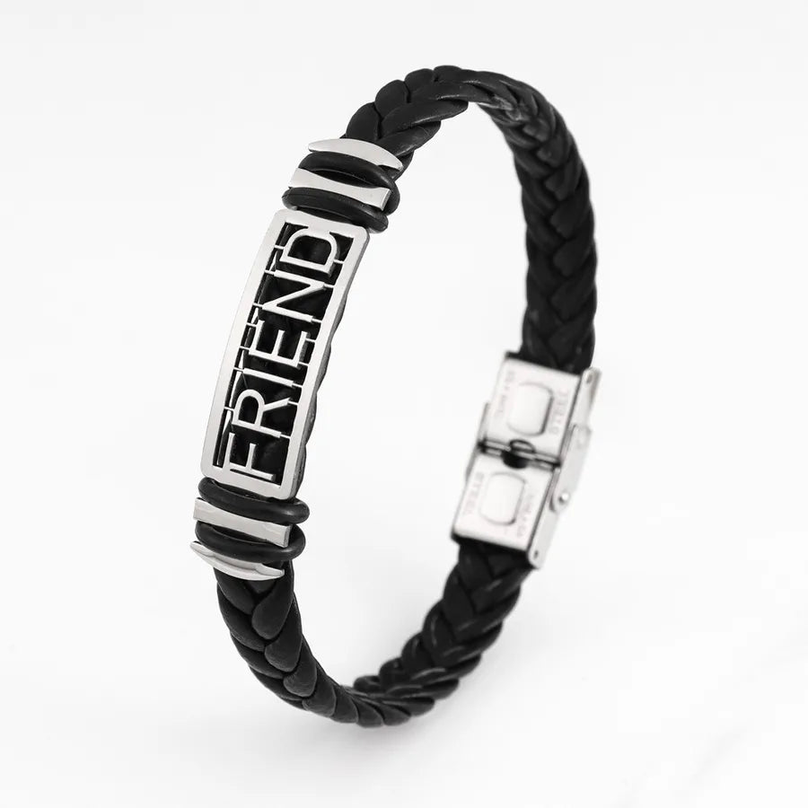 Retro Punk Solid Color 304 Stainless Steel Pu Leather Plating Men's Bangle Men Cord & Leather Bracelets