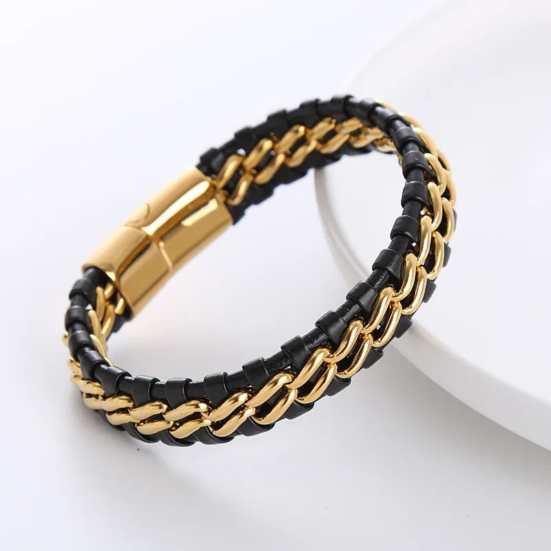 1 piece simple style geometric stainless steel leather patchwork men's bracelets
