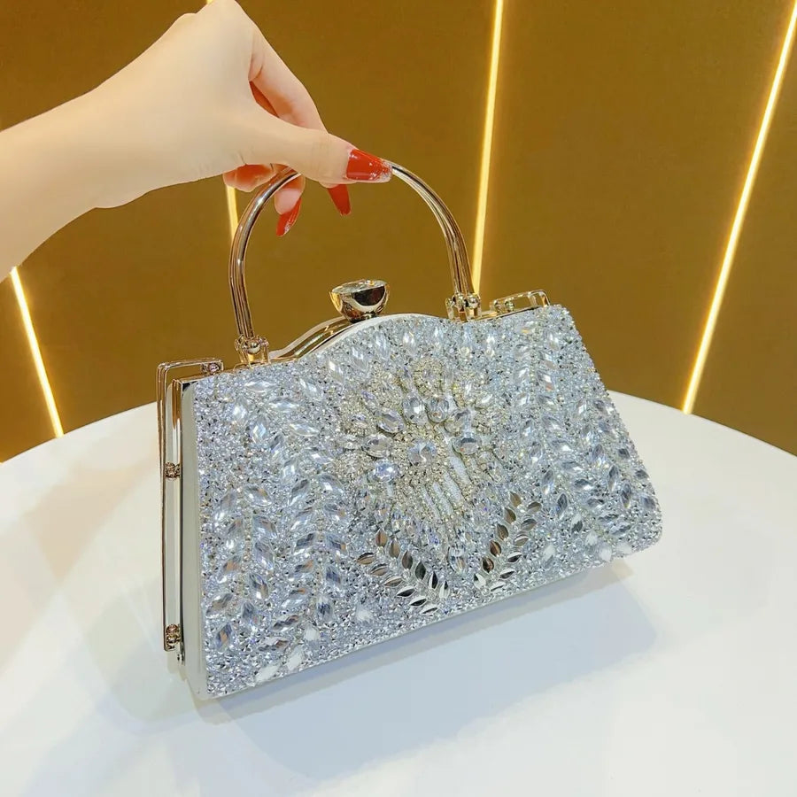 New Large Capacity Women's Diamond Embedded Handbag Evening Bag Single Shoulder Slant Cross Handbag Fashionable Box Shape