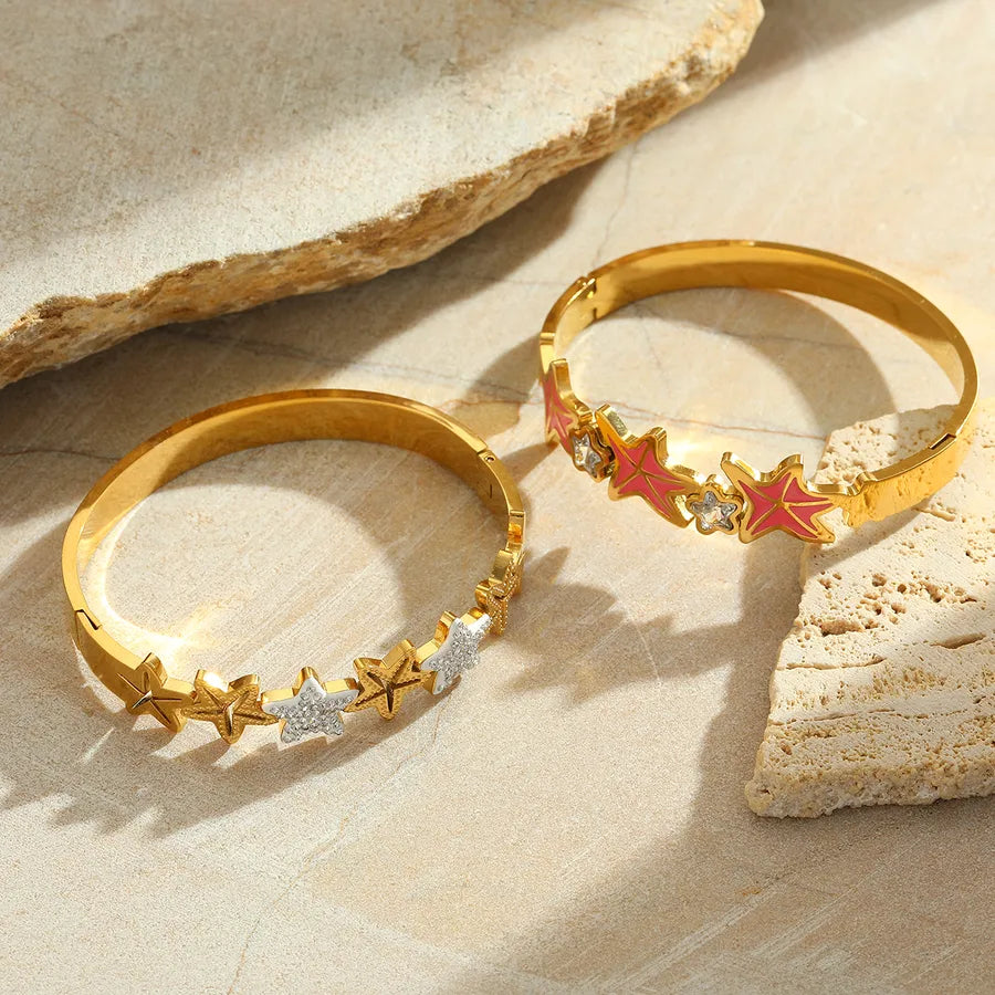 Casual Marine Style Simple Style Starfish 304 Stainless Steel 18K Gold Plated Zircon Bangle In Bulk