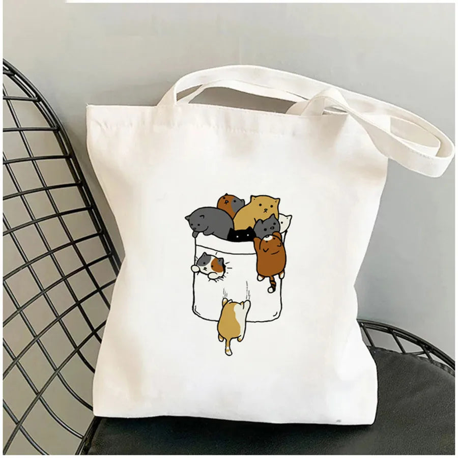 foreign trade Personification Cat printed canvas bag shoulder student fashion handbag in stock