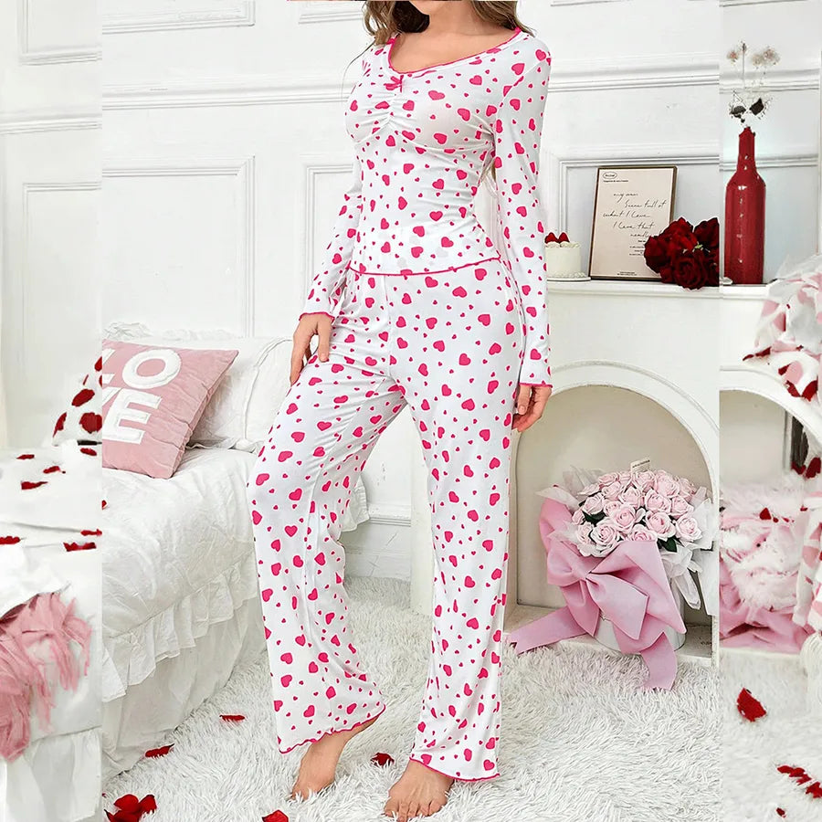 Ladies Fashion Heart Print Home Clothes Set V-neck Long Sleeve Polyester Sleepwear Spring Autumn Collection