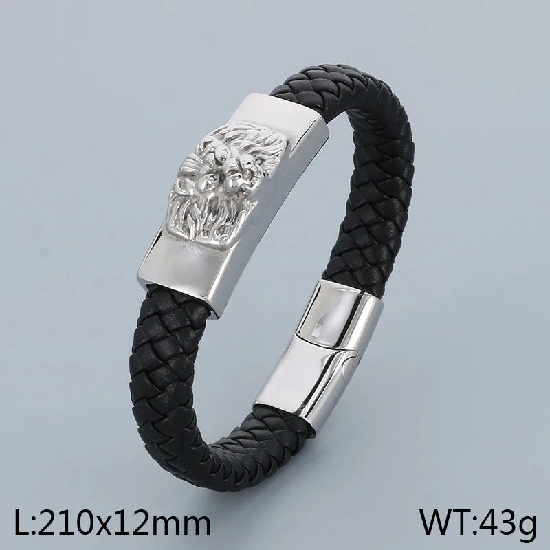 Business Lion Skull 304 Stainless Steel Leather Knitting 18K Gold Plated Halloween Men's Bangle