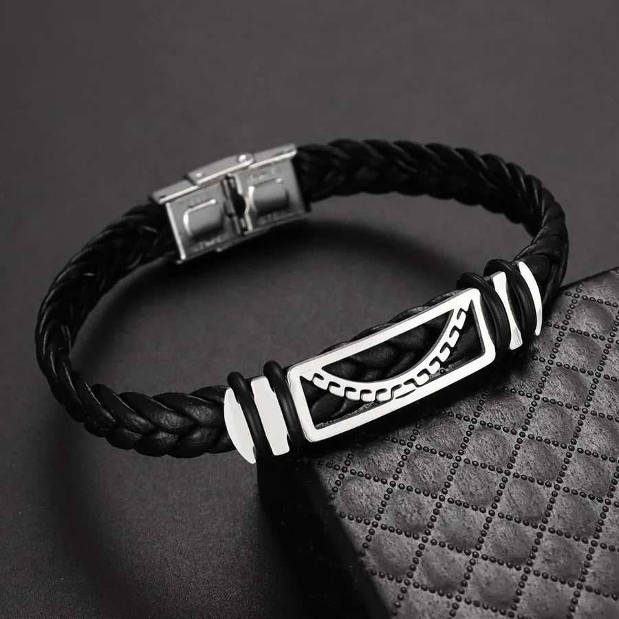 Retro Punk Solid Color 304 Stainless Steel Pu Leather Plating Men's Bangle Men Cord & Leather Bracelets