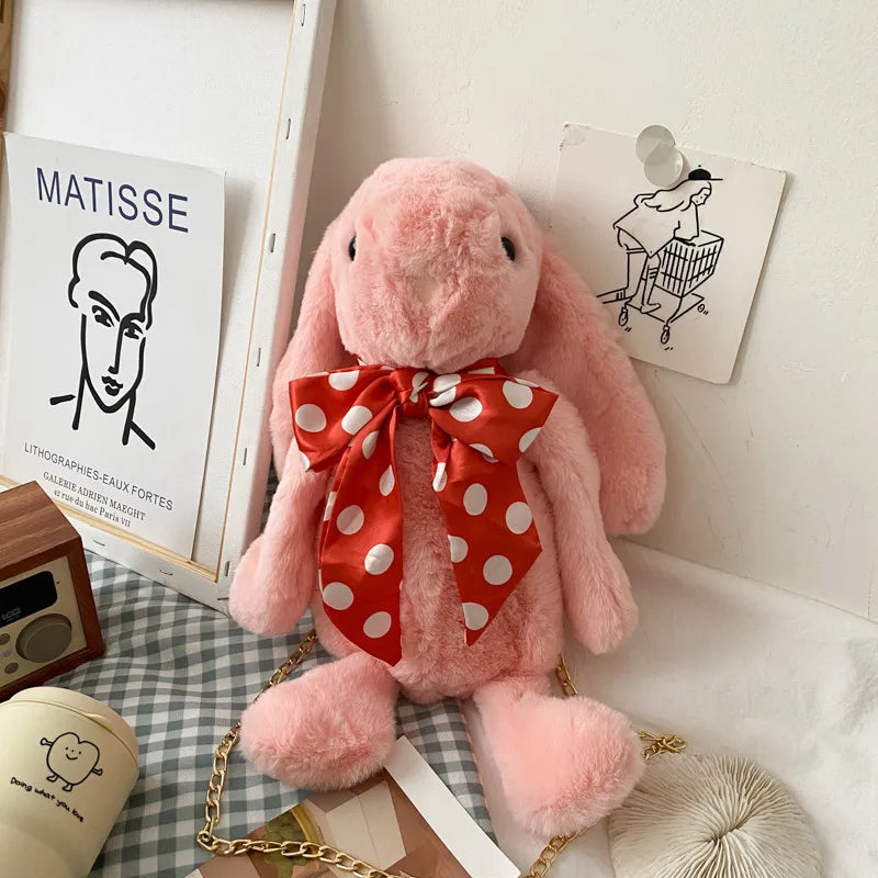 Women's Plush Rabbit Bow Knot Cute Cylindrical Zipper Crossbody Bag
