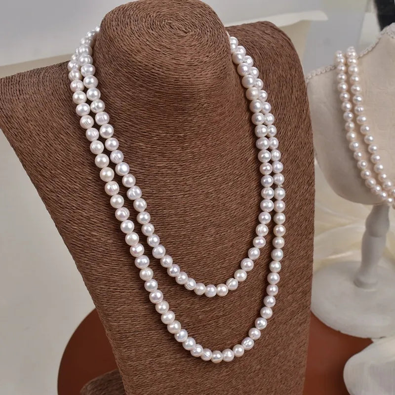 Elegant Long Multi-Layer Natural Freshwater Pearl Necklace Simple Style Real Pearl Sweater Chain For Women Qipao Chain Accessory