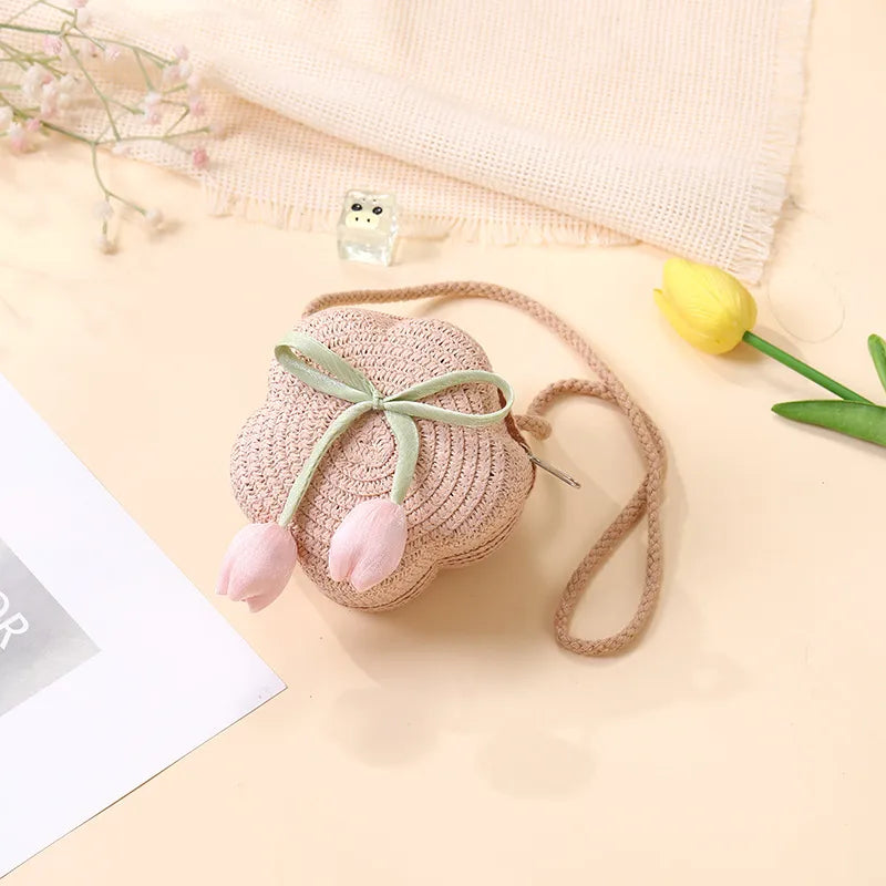 Summer Beach Seaside Tulip Straw Woven Bag  New Children Flower Straw Bag Mobile Phone Crossbody Bag