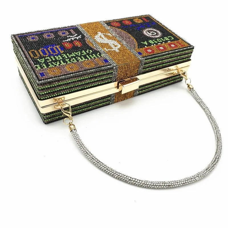 red purple green pu leather dollar rhinestone square evening bags