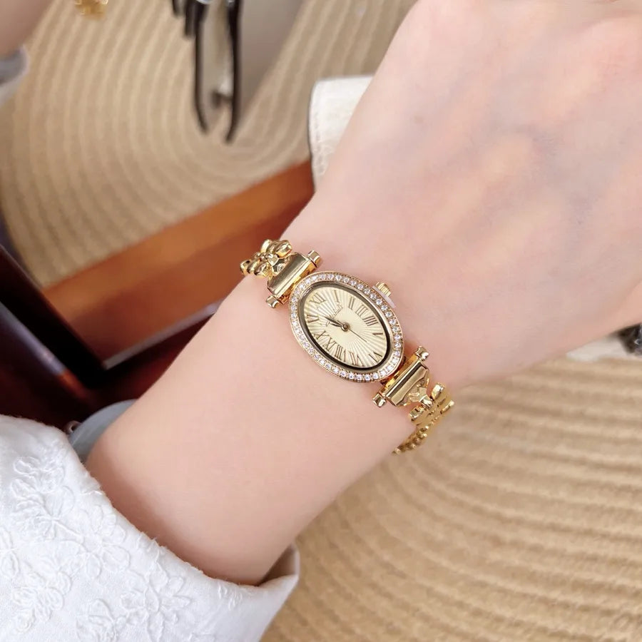 Fashionable Waterproof Quartz Women's Watch Mini Elliptical Dial Diamond Embedded Gold Hand Chain Stainless Steel Strap