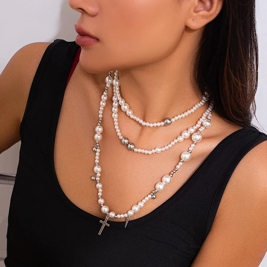 Punk Streetwear Cross Imitation Pearl Alloy Iron Beaded Chain Layered Necklaces Wholesale