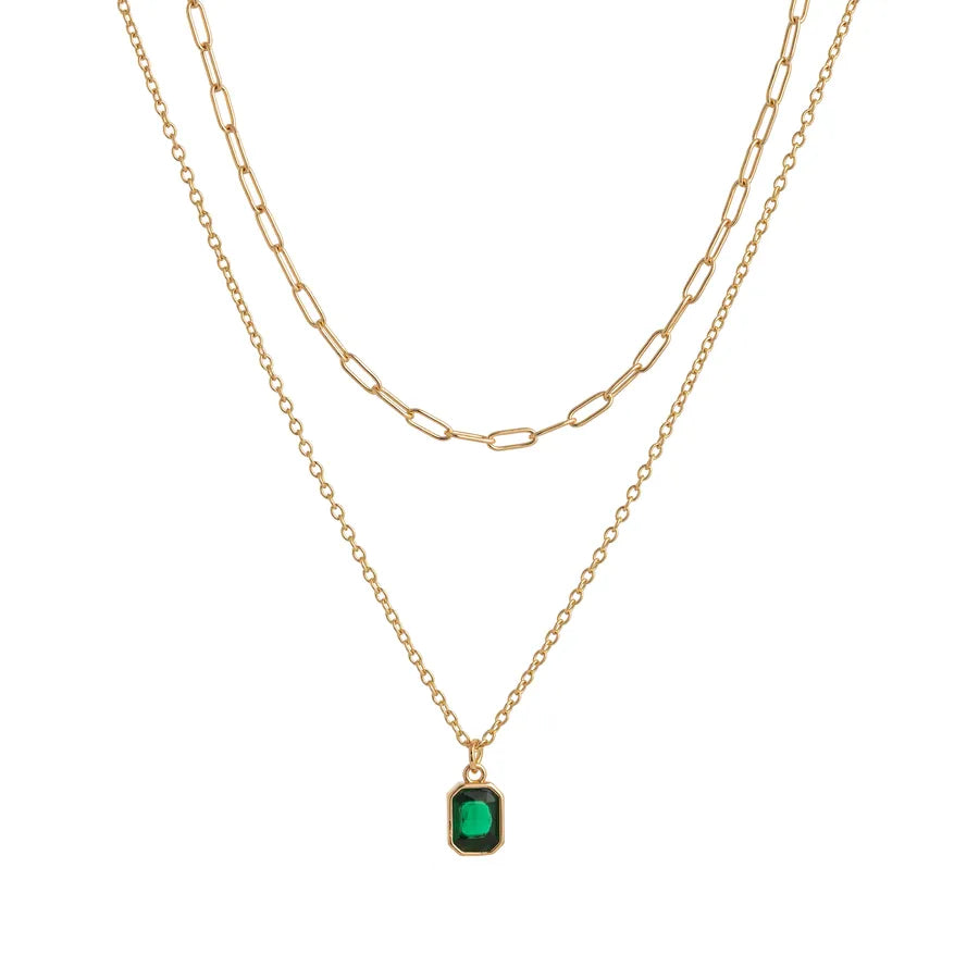 Wholesale Jewelry Lady Simple Style Shiny Rectangle 304 Stainless Steel Zircon 18K Gold Plated Paperclip Chain cable chain Double Layer Necklaces