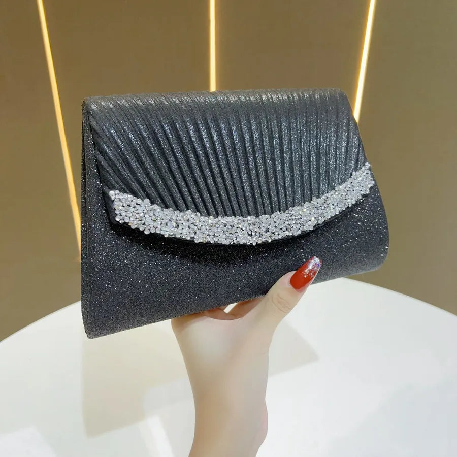 Princess Dinner Bag New Style Diamond Embellished Handbag Shoulder Crossbody Underarm Bag Polyester Square Shaped Sparkling