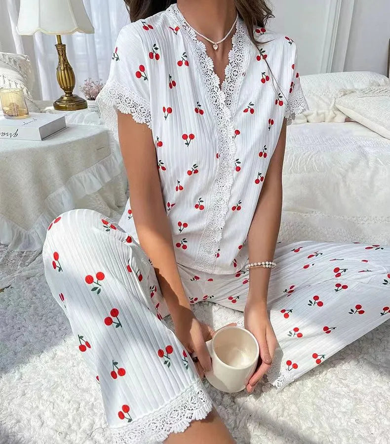 Hot-selling Home Clothes Cherry Printed Long-sleeved Lapel Pajamas Women's Outer Wearing Pants Two-piece suit