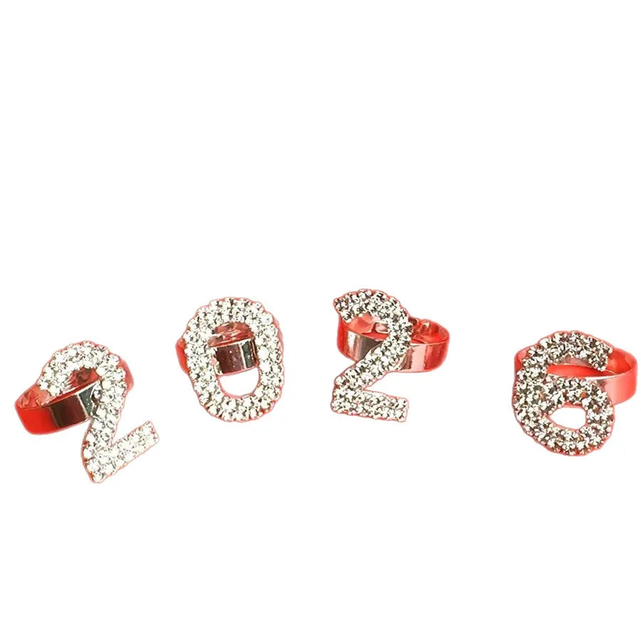 Trendy Personalized Full Diamond 2026 Number Ring Set Adjustable Open Water Diamond Rings Women's Fashionable Letter Design