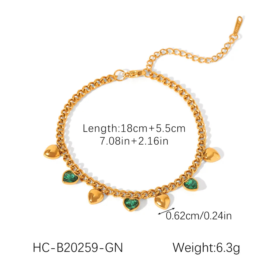 Cute Luxurious Romantic Heart Shape 304 Stainless Steel 18K Gold Plated Zircon cable chain Bracelets In Bulk