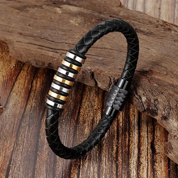 Retro Geometric Pu Leather Titanium Steel Woven Chain Wrap Bracelets Wholesale