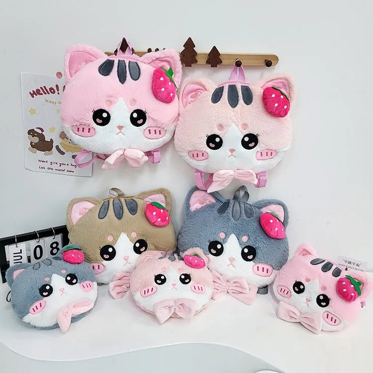Girl'S Plush Cartoon Cat Cute Oval Zipper Functional Backpack Crossbody Bag