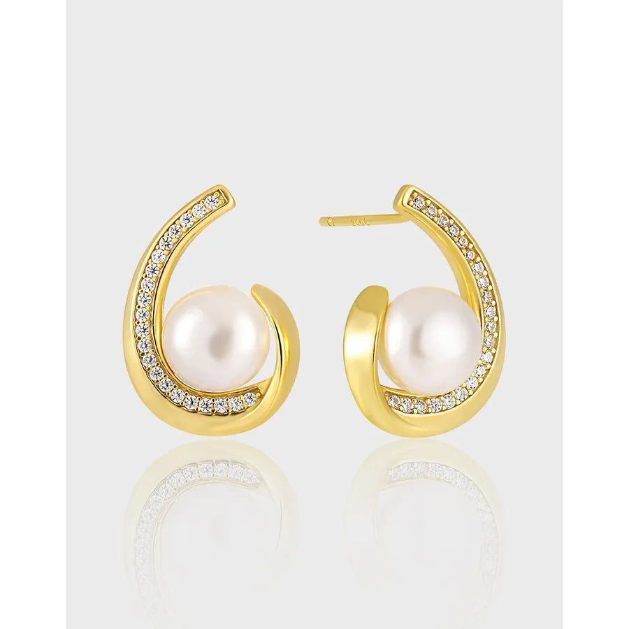 Elegant Luxurious Geometric Sterling Silver Freshwater Pearl Zircon Ear Studs 1 Pair