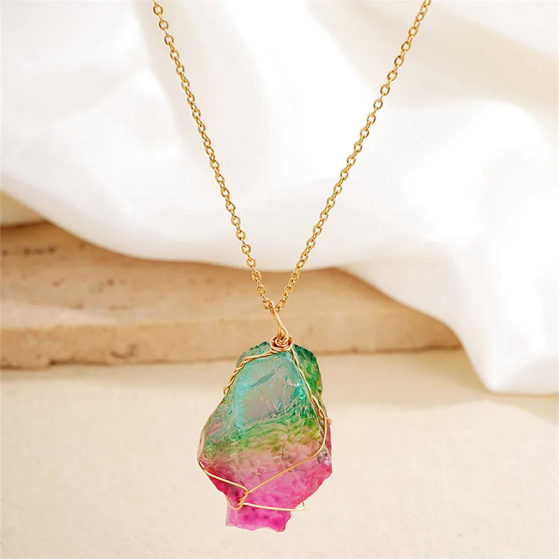 simple style gradient color stainless steel natural stone pendant necklace