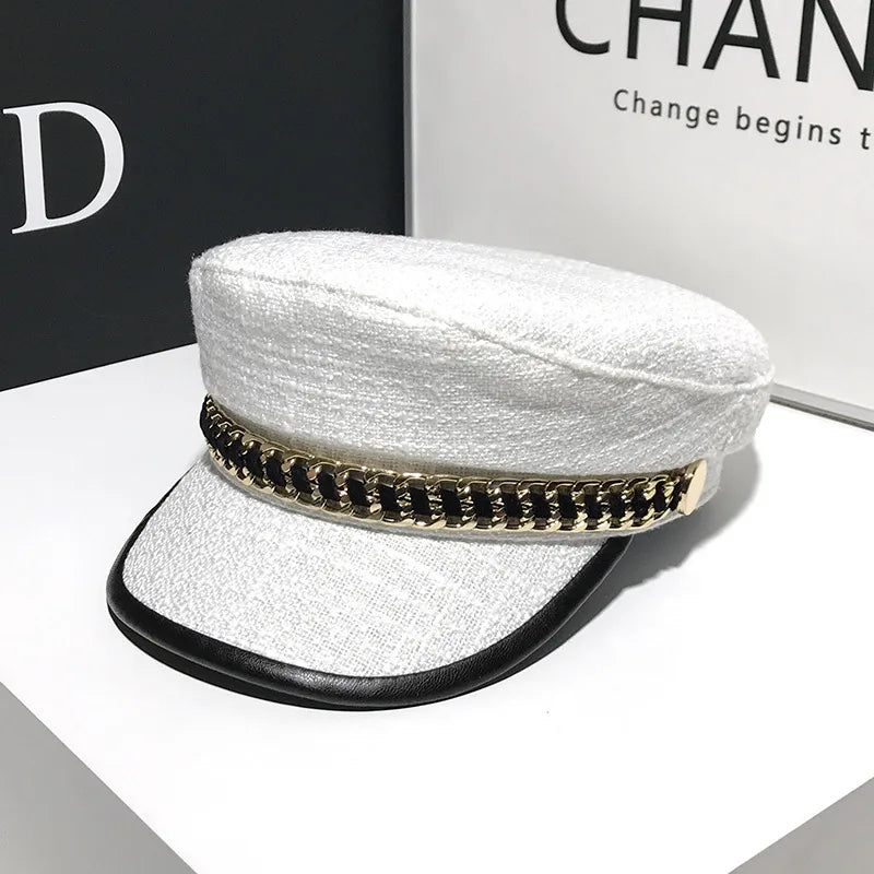 women's elegant business basic solid color chain curved eaves beret hat