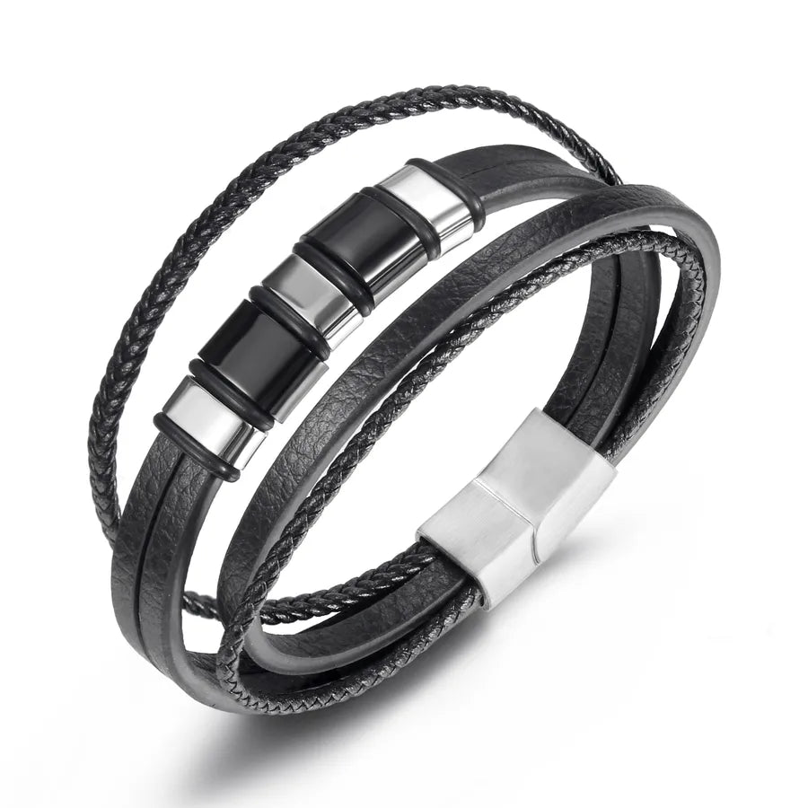 Hip-Hop Punk Geometric 304 Stainless Steel Leather rope Layered Braid Men's Bracelets