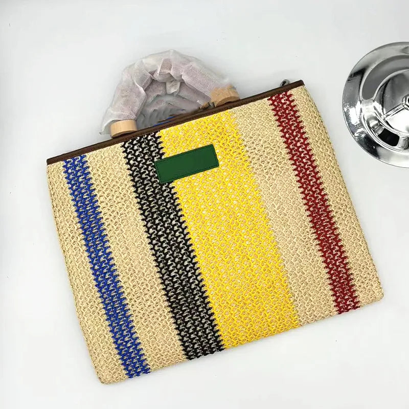 Women's Pu Leather Stripe Classic Style Beading Weave Square Magnetic Buckle Handbag