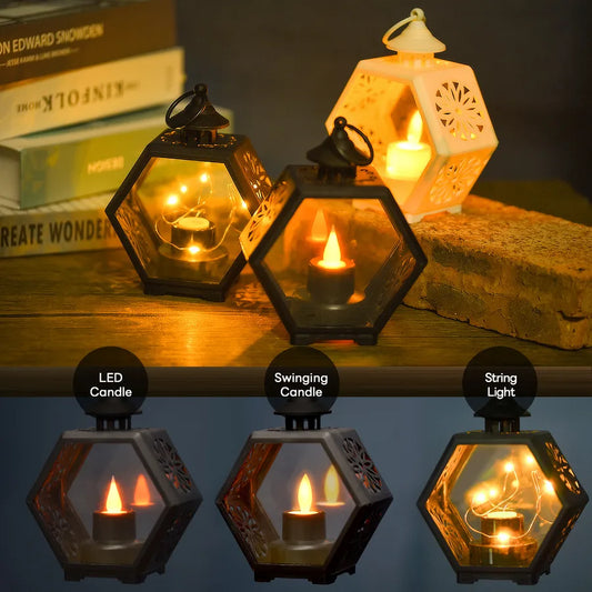 Retro Hexagonal Lantern Electronic Candle Light Decorative Ornaments Handheld Atmosphere Night Lamp Small Candle Light