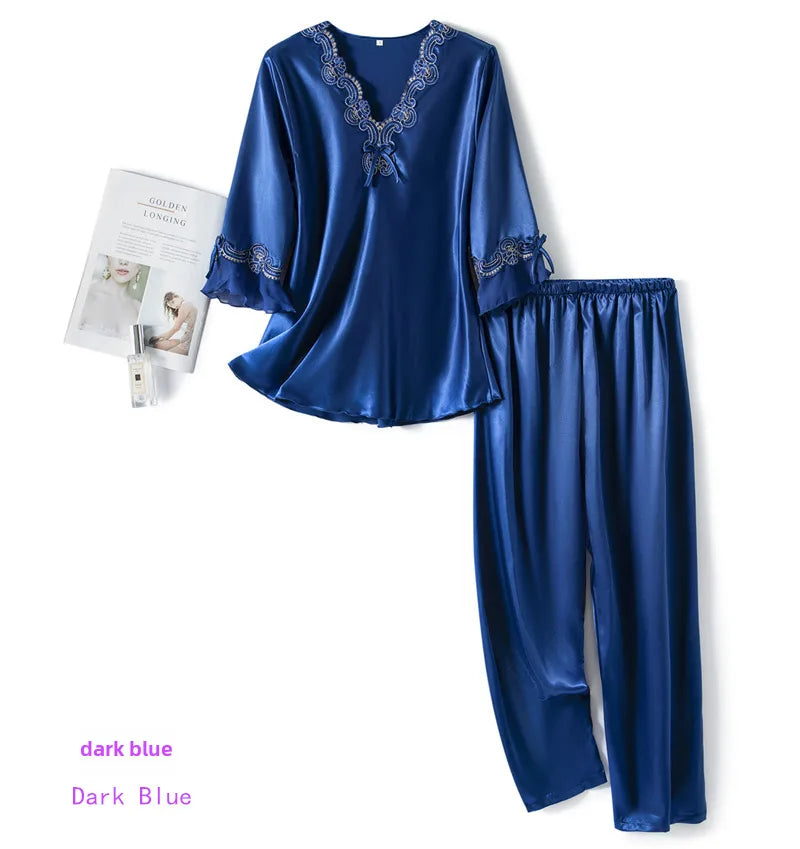Large Size Spring and Autumn Elegant Thin Seven-point Sleeve Silk-like Women's Suit Embroidered Lace Two-piece Home Clothes