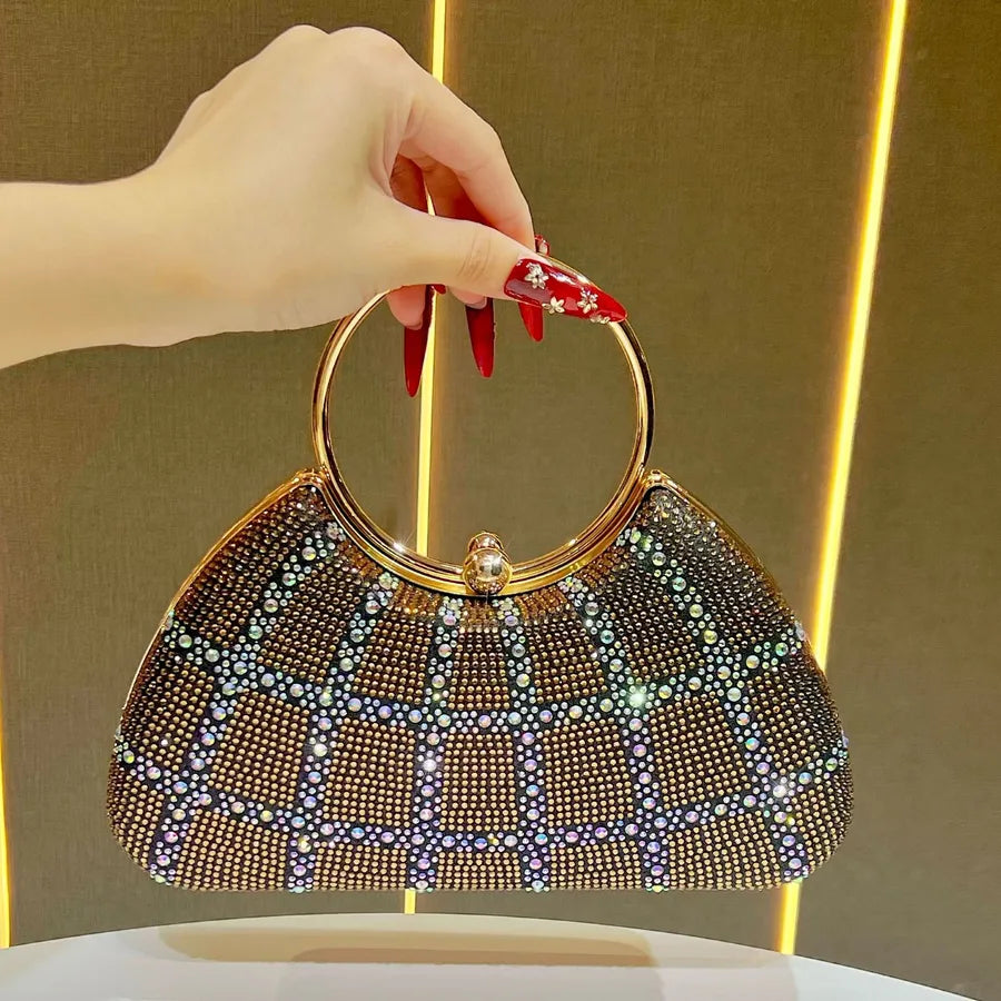 Elegant Diamond Embedded Crossbody Shoulder Bag New Fashion High Value Women's Handbag Shell Shape Polyester Evening Bag