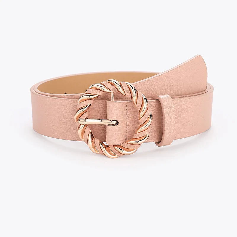 retro round solid color pu leather alloy women's leather belts