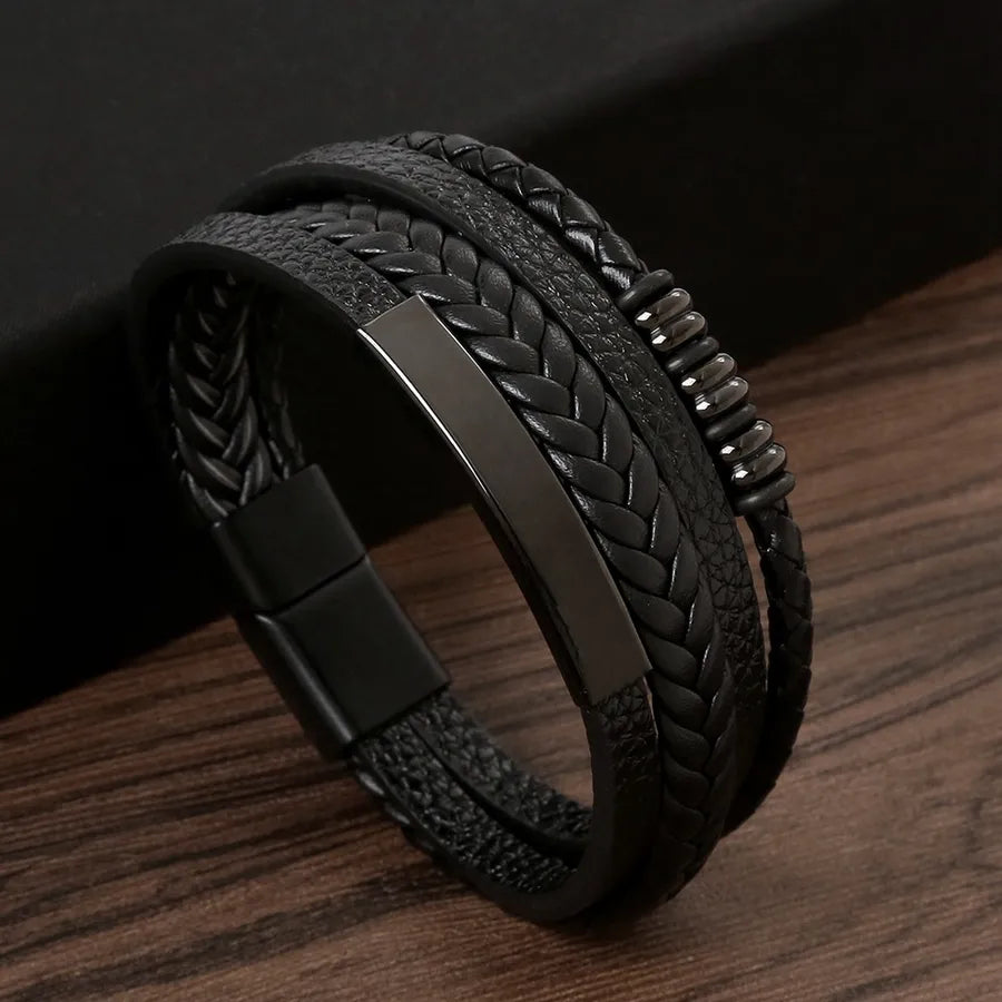 elegant glam classical solid color pu leather alloy handmade men's bangle